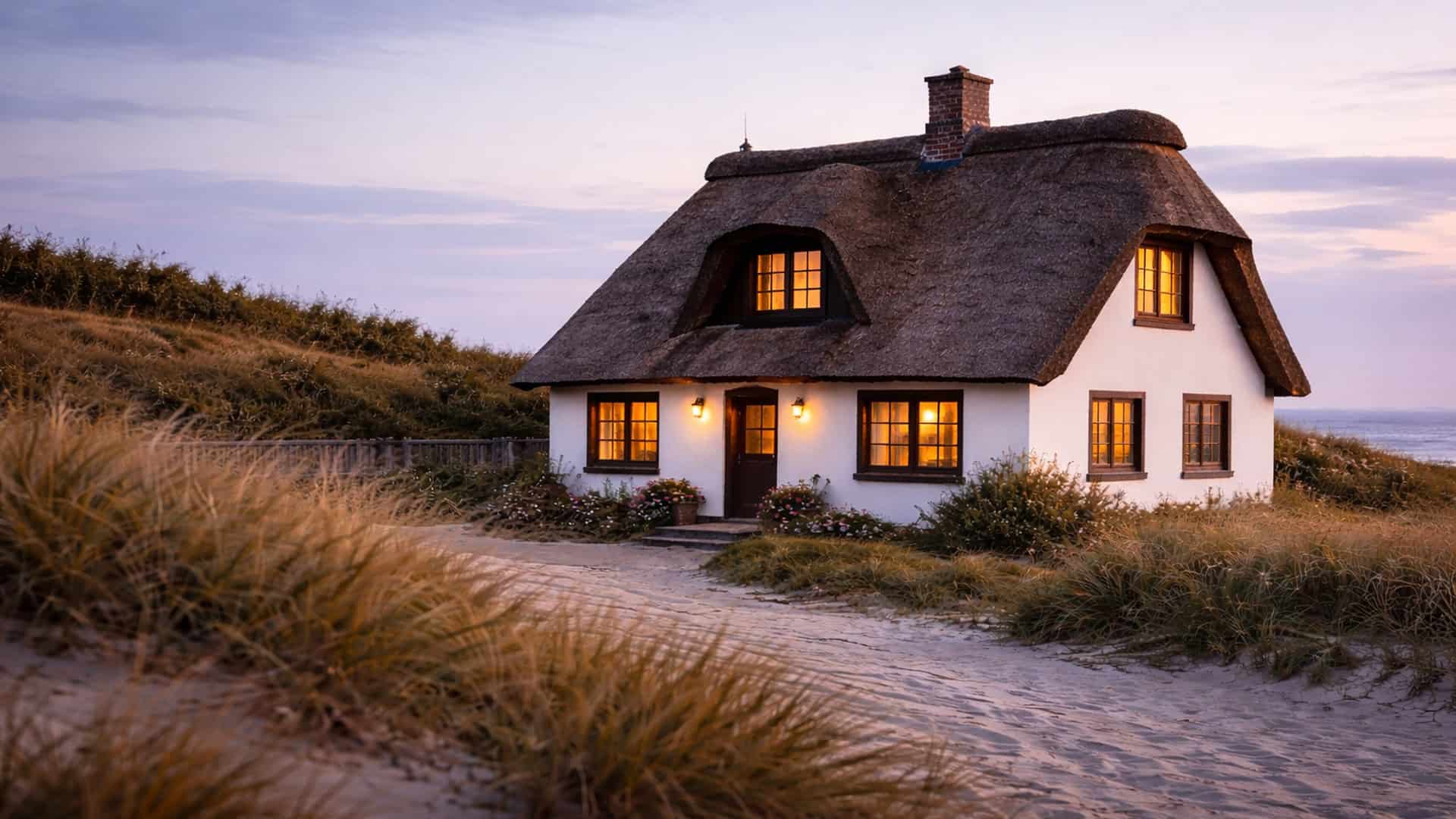 Charmantes Strandhaus auf Sylt mit thatter Dach und warmem Licht, ideal für Erholung und Naturerlebn.